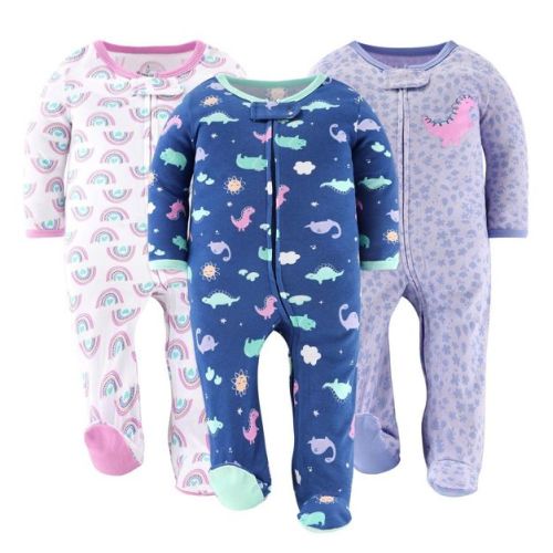The Peanutshell Dino Girl Footed Baby Sleepers for Girls, 3 Pack, Newborn - Pink