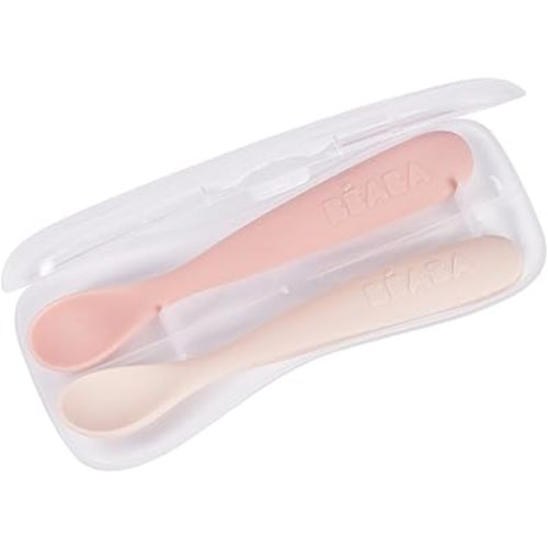 BEABA Baby's First Stage Baby Feeding Spoon Set with Travel Case, Silicone Baby Spoons for Babies, Travel Set, Gum Friendly BPA Lead Phthalate and Plastic Free, Cotton Candy