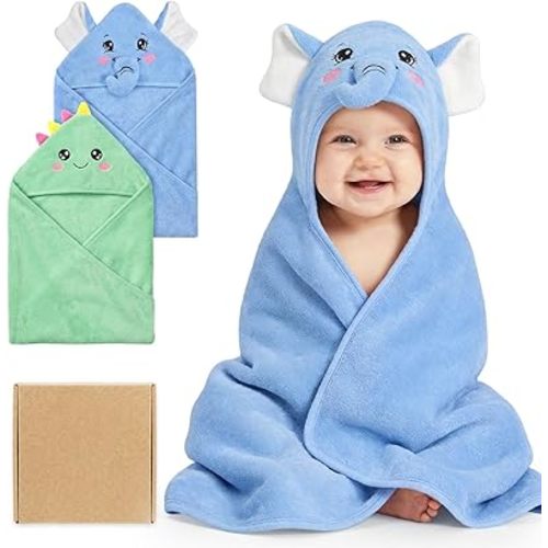 2 Pack Hooded Baby Towels for Newborn, Coral Fleece Baby Bath Towel for Newborn Infant Toddler, Ultra Soft & Lightweight Baby Bath Towels Baby Bath Essentials
