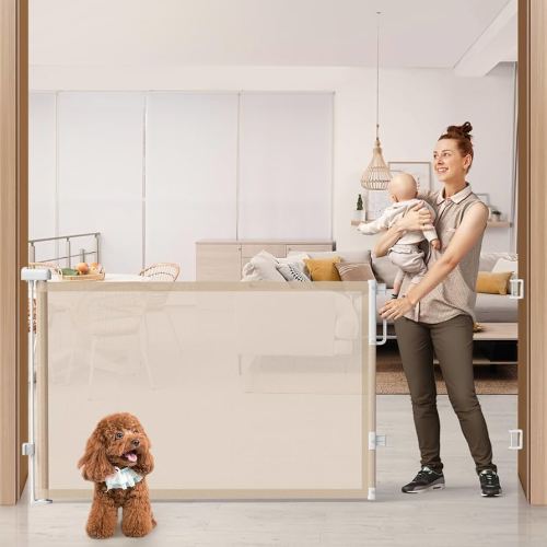 76'' Retractable Baby Gates Extra Wide, Mesh Long Dog Gate for Wide Openings, Indoor Outdoor Stair Gate for Doorways Hallways Deck Porch, Child Pet Safety Essentials for Home, Beige