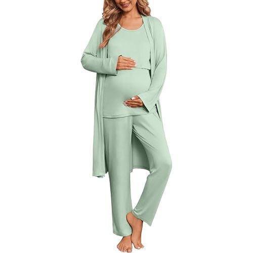 Ekouaer Nursing Pajamas Maternity Robe Set 3 Pieces Postpartum Maternity Pajama Set Pregnancy Breastfeeding Pj
