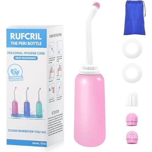 RUFCRIL Peri Bottle, Portable Travel Bidet with Bag, TPE Material Can Be Boiled, 17oz/500ml with 2 Sealing Rings,Essentials for Postpartum Perineal Care,Hemorrhoid Treatment,and Baby(Pink)