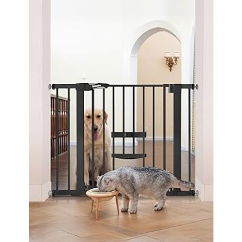 BABELIO New Version Baby Gate with Cat Door Adjustable, 29-40" Metal Pet Door for Stairs & Doorways, Pressure Mounted, No Tools Needed, Black