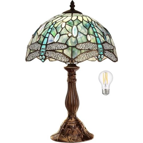 Pterying Tiffany Dragonfly Table Lamp, 18'' Tall Vintage Stained Glass Lamp for Bedroom Living Room, 1 LED Bulb (2700K E26) Included