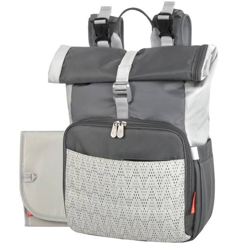 Fisher Price Multi-Pocket Grey Roll Top Diaper Bag Backpack with Portable Changing Pad with Pockets