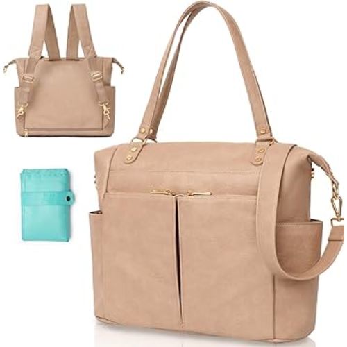 MOMINSIDE Diaper Bag Tote, Leather Diaper Bag Backpack with 14 Pockets, Convertible Baby Bag for Boys Girls, Baby Registry, Changing Pad, Large 4 Insulated Pockets (Camel)