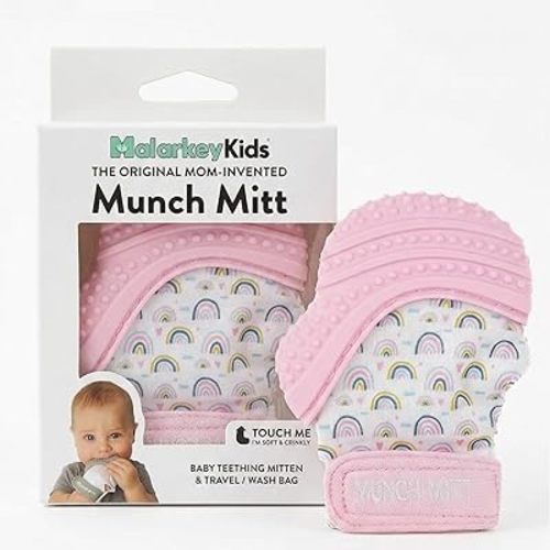 Munch Mitt Patented Teething Mitten Baby Chew Toy - Protects Hands from Chewing & Saliva, Heals Aching Gums, Promotes Sound & Visual Stimulation for Babies - Pink Rainbow