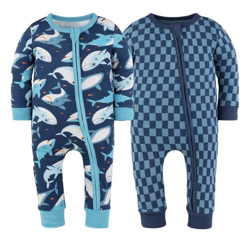 The Peanutshell Sharks Baby Pajamas, Footless Baby Sleepers, Navy-Teal-Blue, 3-6 Months, 2-Pack