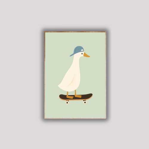 Minimalistic Goose on Skateboard Poster, Simple Duck Wall Art, Clean Line Animal Print, Modern Digital Decor for Bird Lovers