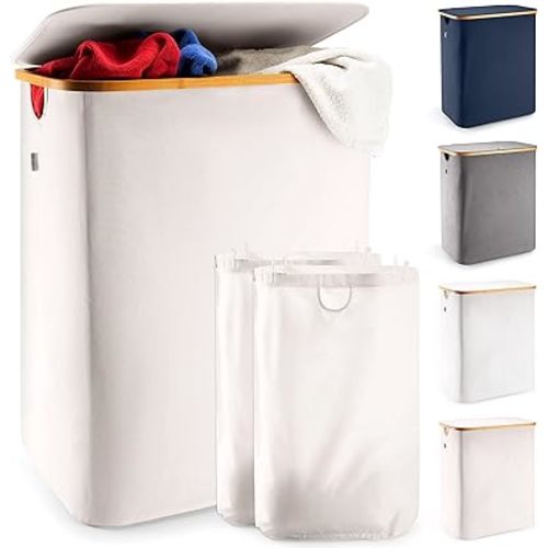 LONBET 150L Double Laundry Basket with Lid and Sturdy Bamboo Frame | Aesthetic Laundry Bin with Side Handles – Made from Breathable Fabric | Laundry Hamper With Lid and Removable Bag, Beige