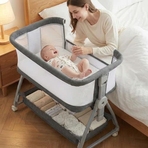 Bedside Bassinet for Baby, Sturdy 3 in 1 Bedside Sleeper with Mattress & Wheels, Height Adjustable, Breathable Mesh, Storage Basket, Easy to Assemble for Newborn, Grey