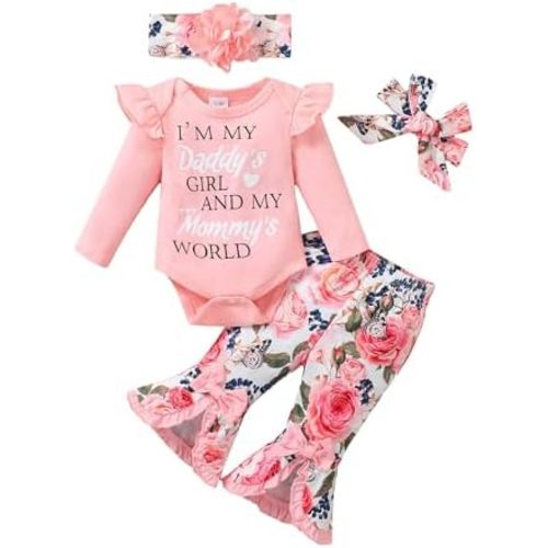 SUNNY PIGGY Newborn Baby Girl Clothes Infant Floral Outfits Bell Bottom Flowerpant Headband 0-18 Months Baby Girl Romper