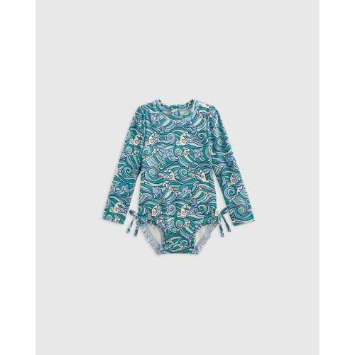 Long Sleeve Tie One-Piece Swimsuit in Waves
