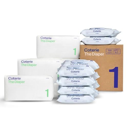 Coterie Baby Wipes + Diapers Kit, Size 1 Diapers (198 Count) & 12 Pack (672 Count) Baby Wipes with 99% Water, Plant Based Materials, Hypoallergenic for Sensitive Skin