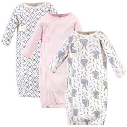Touched by Nature Baby Girl Organic Cotton Zipper Long-Sleeve Gowns 3pk, Girl Elephant, 0-6 Months