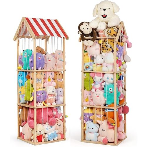 Stuffed Animal Storage, Space Saving Vertical Stuffed Animal Holder Wood, Easy Assembly Cottage-Style Plush Toys Organizer for Kids Bedroom & Playroom (Wood, Large)