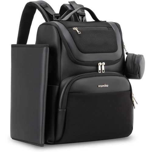 Large Leather Diaper Bag Backpack, Baby Travel Bag with Changing Pad, Insulated Pockets, Stroller Straps and Pacifier Case, Water-Resistant Diaper Bag for Mom and Dad, Black