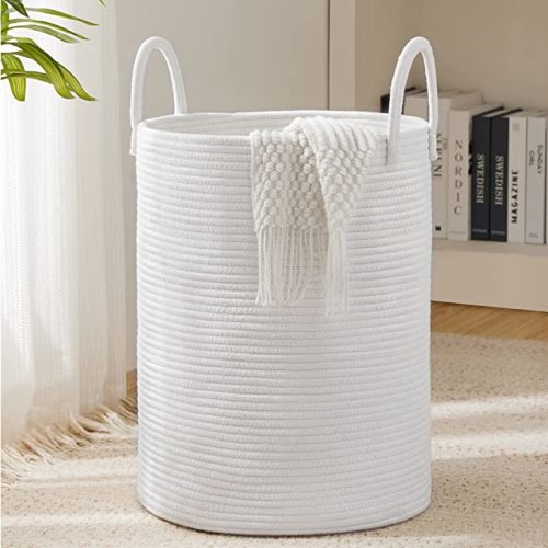 Woven Rope Laundry Hamper Basket by YOUDENOVA, 58L Tall Laundry Basket, Baby Nursery Hamper for Blanket Storage, Clothes Hamper for Laundry in Bedroom-Large-Pure White