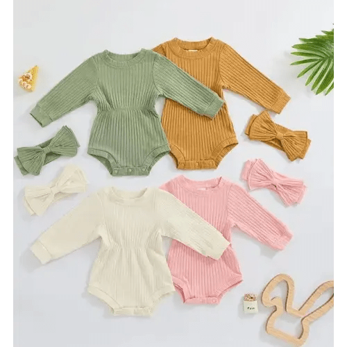 Baby Girls Round Neck Long Sleeve Ribbed Romper with Bow Headband