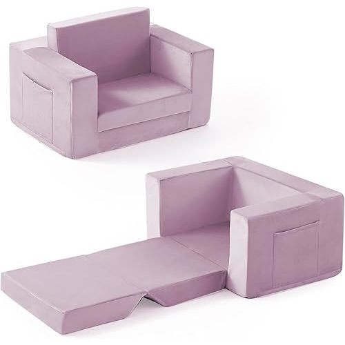 Kids Couch, 2-in-1 Toddler Chair Comfy 1-3 Years, Convertible Kids Chair, Toddler Couch That Fold Out, Kid Lounge Chairs for Boys and Girls, Soft Coral Fleece, Single, Purple