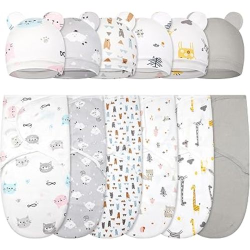 Ramede 6 Pack Baby Swaddle Blanket with Hats Sleep Swaddle for 0-3 Months Newborn Sacks Soft Cotton Wearable for Girl and Boy
