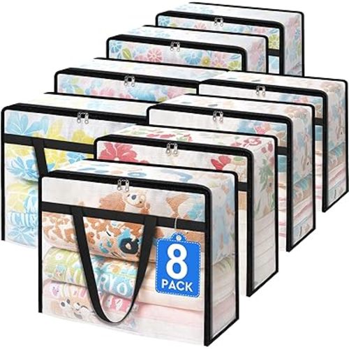 TasticTotes 8 Pack Clear Storage Bags for Comforter, Clothes & Bedding, Plastic Blanket Storage with Zipper and Handle, Moving Bags, Closet Organizer and Under-Bed Storage (40L)