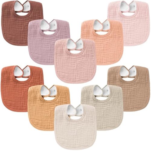 Konssy 10-Pack Muslin Baby Bibs, Soft Cotton Bandana Bibs for Drooling & Teething, Unisex Solid Colors for Boys & Girls, Newborn & Infant