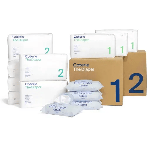 Coterie Baby Diapers + Wipes Baby Kit, Size 1 (99 Count) Size 2 (186 Count) 4 Wipe Packs (224 Wipes) Made with Plant-Based Fibers, Hypoallergenic, Designed for Sensitive Skin, Clean Ingredients