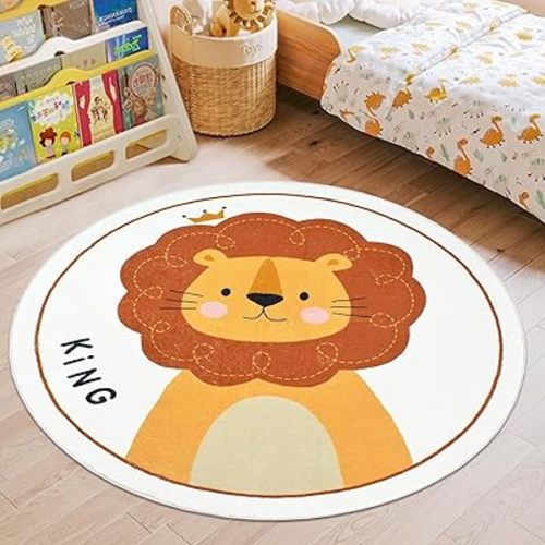 ABREEZE Faux Wool Kids Play Mat 6ft,Animal Round Area Rug Kids Nursery Door Mat Soft Plush Non-Slip Childrens Carpet for Bedroom Living Room Playroom,Lion
