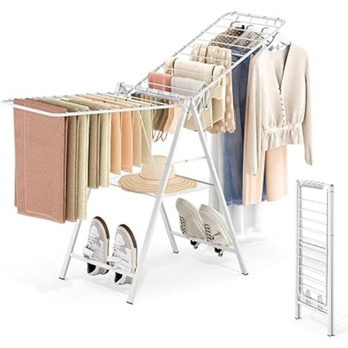 APEXCHASER Drying Rack for Clothing Foldable, Metal Laundry Rack Collapsible, Ultra Thin Gullwing Clothes Airer with Adjustable Height for Towel Baby Clothes Indoor Outdoor Laundry Room, White