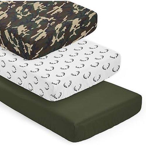 Sweet Jojo Designs 3-Piece Baby Crib Sheets Set (Woodland Camo Deer) for Boys, Infant Nursery, Toddler Room - Fitted, Standard Size (Solid Green, White/Black Antler & Forest, Rustic Beige/Black Plaid)
