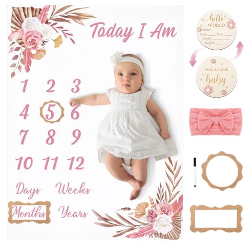 GGSTDDUP Floral Baby Milestone Blanket for Baby Girls, Boho Baby Monthly Milestone Blanket, Baby Age Milestone Blanket Baby Growth Blanket Photo Blanket with Bow Headband, Frames, Wooden Signs