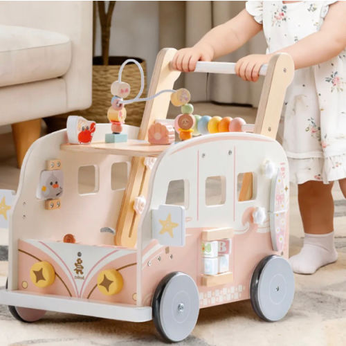 ROBUD Wooden Baby Push Walker, Activity Center Toys, Ajustable Speed Multi-Functional Baby Walker with Wheels - Pink Vacation Bus