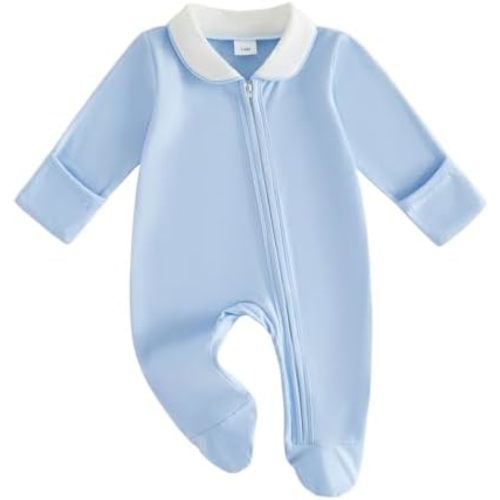 Newborn Baby Boy Girl Clothes Peter Pan Collar Zip Footed Footie Jumpsuit Romper Coming Home Hospital Fall Outfits