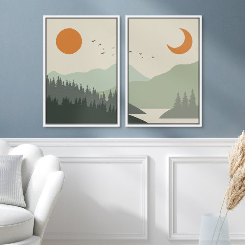 SIGNLEADER Sun and Crescent Moon over Green Gradient Forest Lake Nature Wilderness Illustrations - 2 Piece Floater Frame Graphic Art Set on Canvas | Wayfair