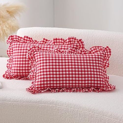 2 Pack Red Plaid Ruffle Gingham Lumbar Pillow Shams, 100% Washed Cotton Linen Feel Checkered Farmhouse Zipper Closure Pillow Covers for Bed/Sofa - 20"x12"