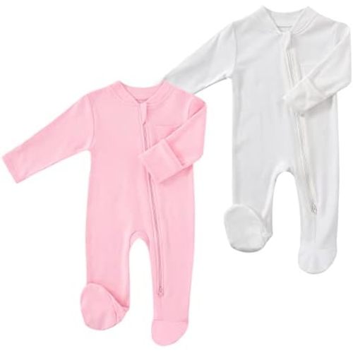 Baby 2 Way Zipper Girls Boys 100% Cotton Footed Sleep and Play with Mitten Cuffs 0-12 Months