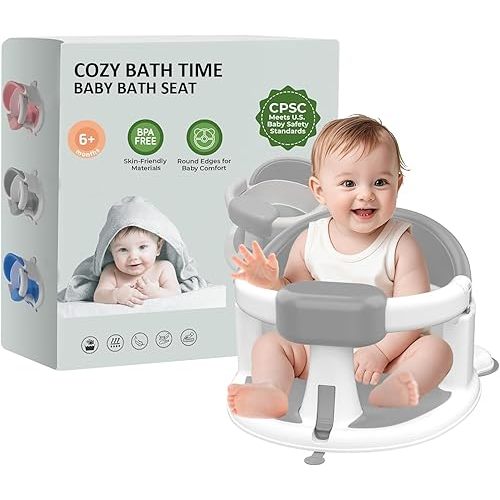 Baby Bath Seat for Babies 6 Months & Up, 360°Protection Bath Seats for Babies Sitting Up, Lockable Armrests, Non-Slip Comfortable Toddler Bath Seat with Soft Cushion