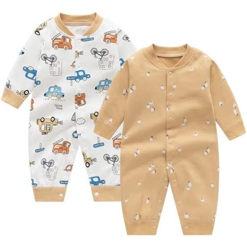 Newborn Baby Boys 2 Pack Cotton Romper Outfits Infant Long Sleeve One-Piece Toddler Button Jumpsuits