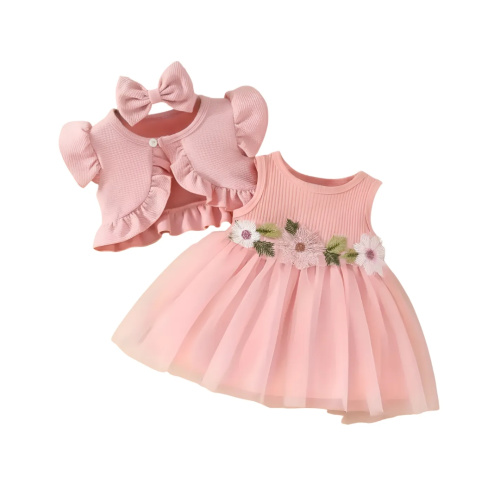 Casual Floral Dress Set With Matching Jacket And Bowband For Girls – Children Cloth Shop
