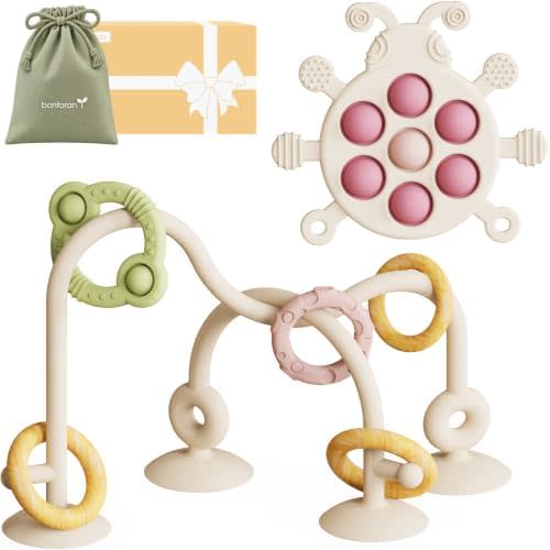 High Chair Suction Cup Toy & Teething Toy Set, Sensory Toy [Beige]