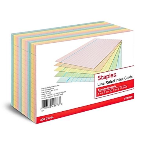 Staples Index Cards, 4" x 6", Lined, Assorted Pastel Colors, 300 Pack – Color‑Coded Ruled Cards for Studying & Organization