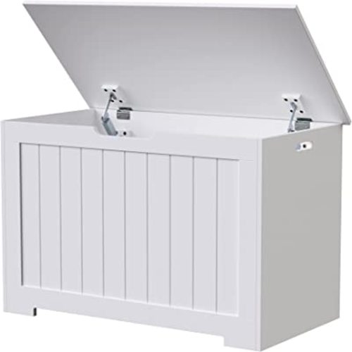 SUPER DEAL Storage Chest, 30 inches Chest Box Organizer with 2 Safety Hinges, Wooden Entryway Storage Bench, White