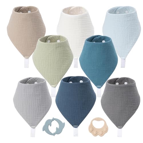 8-Pack Muslin Baby Bibs for Drooling and Teething | Soft& Absorbent, 100% Cotton, Adjustable Neck Fit, Newborn to Toddler 0-36M, with 2 teethers for everyday use