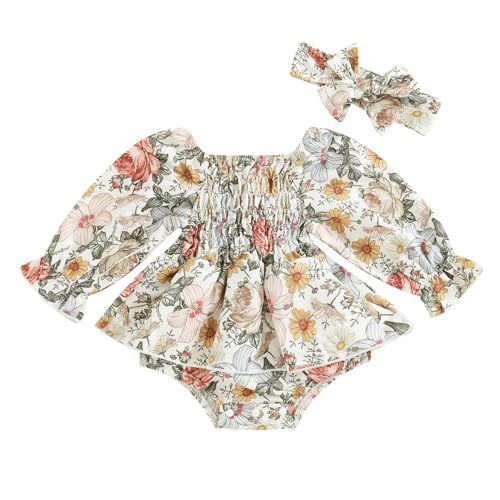 Infant Baby Girl Square-Neck Boho Floral Romper Long Sleeve Ruched Ruffle Jumpsuit Headband Newborn Spring Clothes