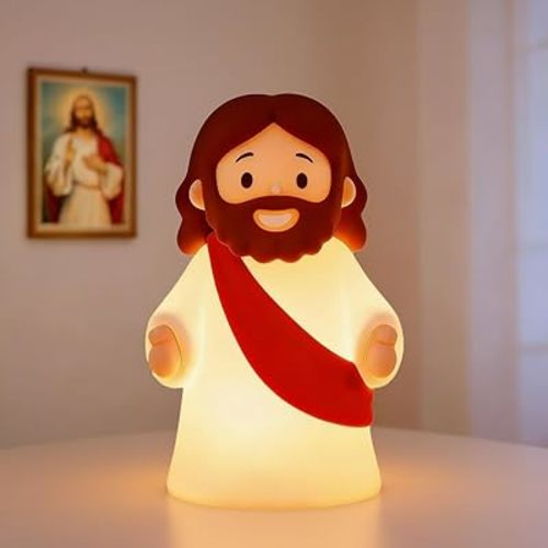 Little Jesus Night Light, Soft Silicone Touch Control Bedside Lamp, Rechargeable Dimmable Nursery Nightlight for Kids, Perfect for Baptism Christmas Easter Religious Gift - Red