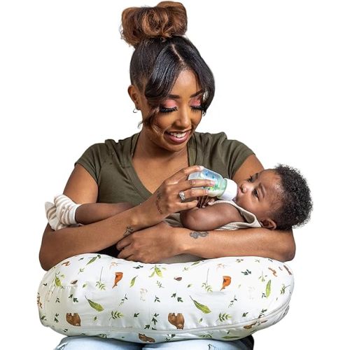 Boppy Nursing Pillow - Ergonomic Bottle & Breastfeeding Pillow with High, Firm, Large Area, Water-Repellent Cushion with Washable Cover; Baby Safety Alliance Verified - Neutral Plants and Animals