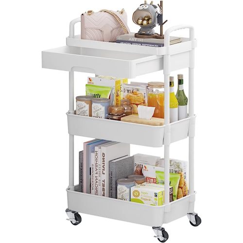 Calmootey 3-Tier Rolling Utility Cart with Drawer,Multifunctional Storage Organizer with Plastic Shelf & Metal Wheels,Storage Cart for Kitchen,Bathroom,Living Room,Office,White
