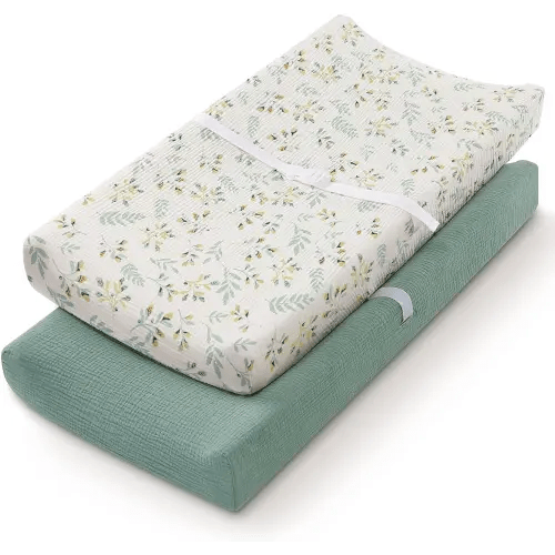 Blissful Diary Muslin Changing Pad Cover for Girls Boys, Ultra Soft Breathable Cotton, Baby Diaper Change Table Pad Covers, 2Pack (Roman Green&Leaf)