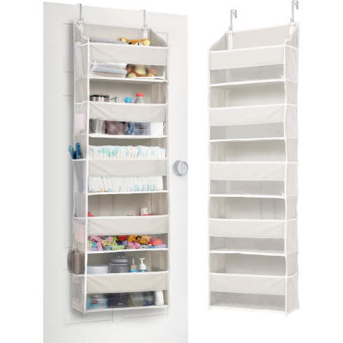 ULG 1-Pack Over Door Organizer with 5 Large Pockets 10 Mesh Side Pockets, 44 lbs Weight Capacity Hanging Storage Organizer with Clear Window for Bedroom Bathroom Kitchen, RV, Camper, Beige